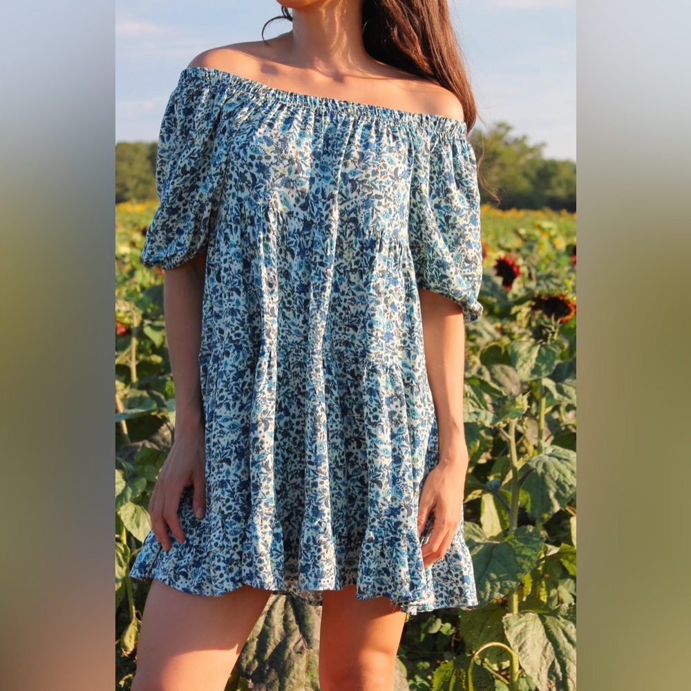 Wild Fable Blue Floral Puff Sleeves Off-Shoulder - Small